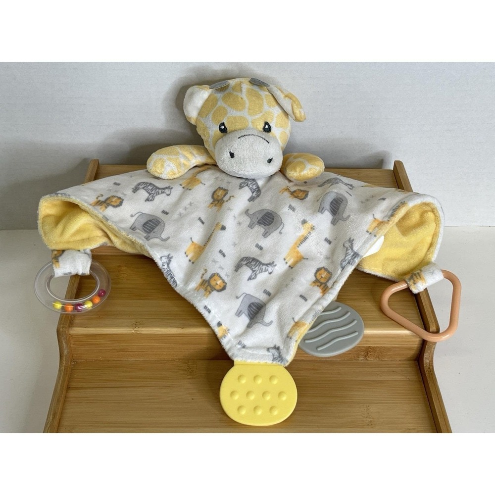 Giraffe Snuggle Teether Rattle 12" Security Blanket Lovey Baby Kiss Yellow White